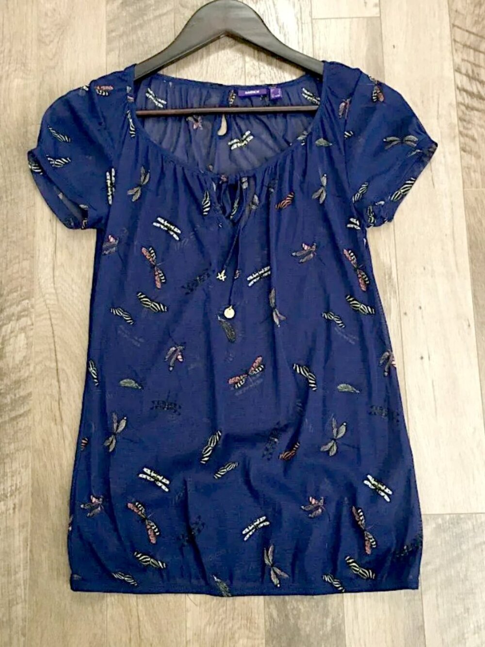 Vintage Mexx Indigo Blue Dragonfly Mesh Tie Neck Top - S
